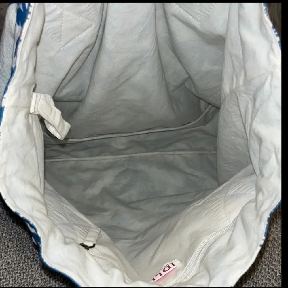 Tropical Blue White Canvas Hawaiian Print Leather Handles Drawstring Large Tote